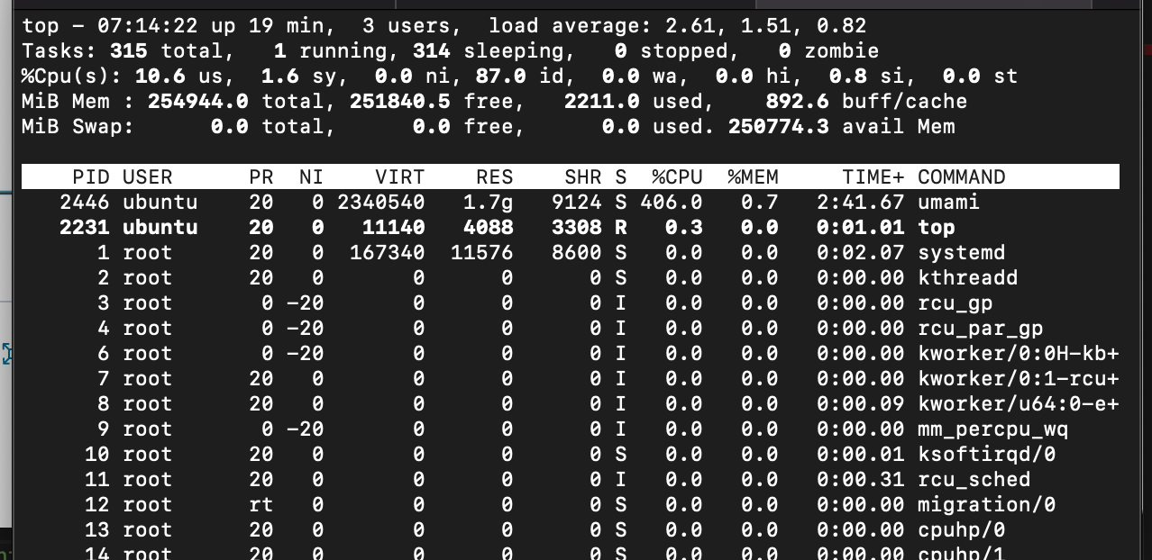 A screenshot of the 'top' command, showing CPU time taken.