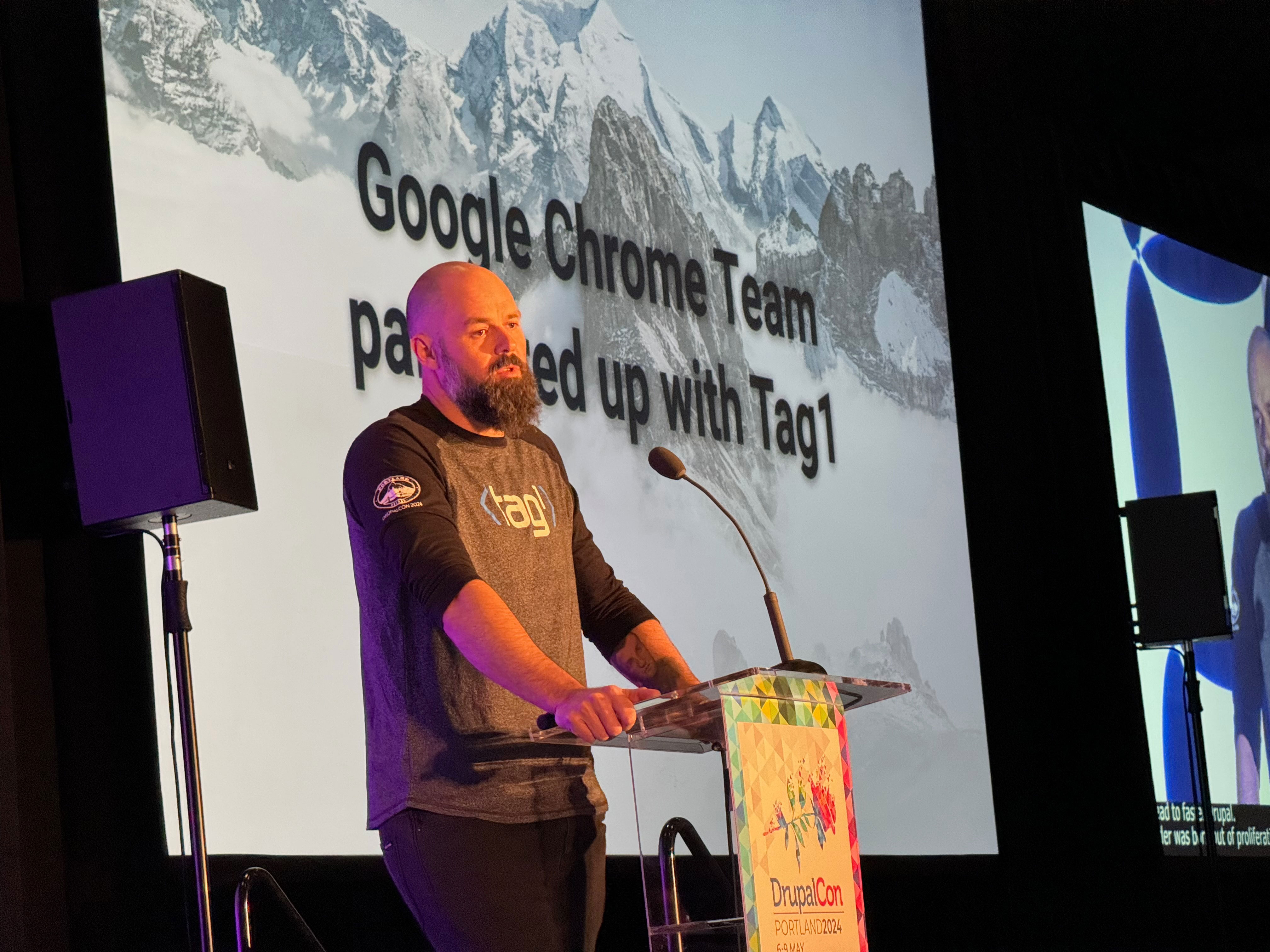 Janez Urevc presents Gander, a joint venture with Google Chrome Team, during the Initiatives Keynote at DrupalCon Portland Janez Urevc presents Gander, a joint venture with Google Chrome Team, during the Initiatives Keynote at DrupalCon Portland